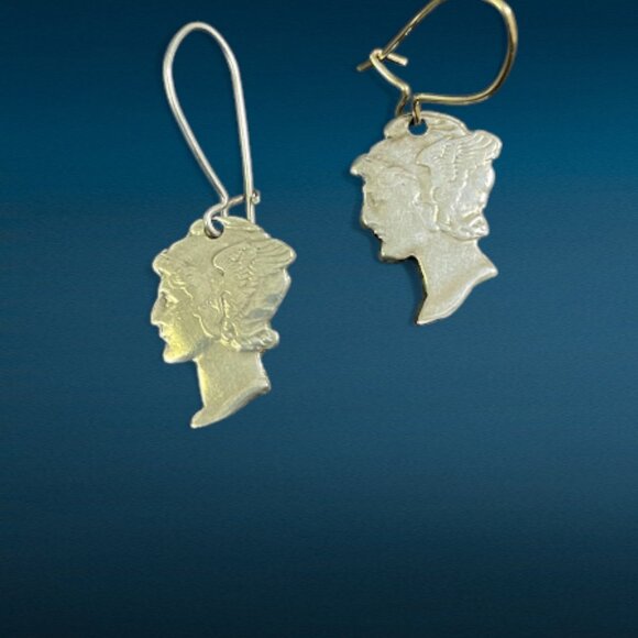 Vintage Mercury Dime Cut-out Lady Liberty Dangle Earrings .900 Silver (1916-1945 - Picture 5 of 10